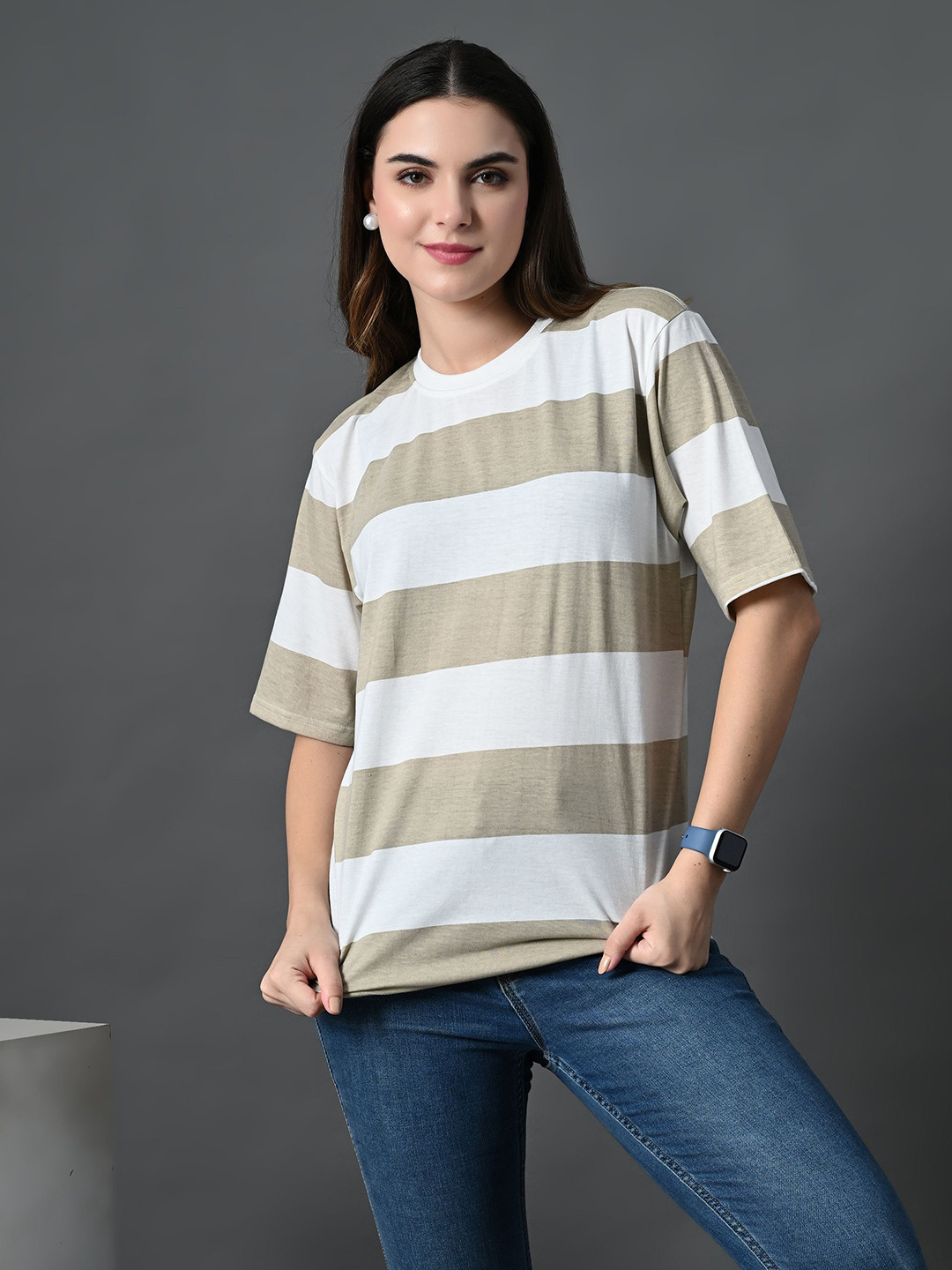 OYEEBRO Women Bio Finish Striped Round Neck Cotton Oversized T-shirt