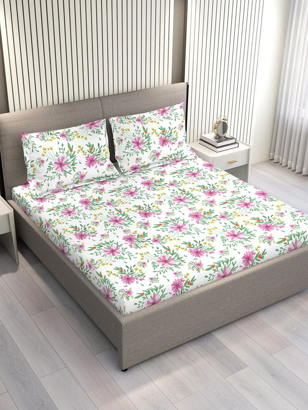 Layers Marigold Purple & White Floral Cotton 144 TC Double King Bedsheet Set-2.74m x 2.74m