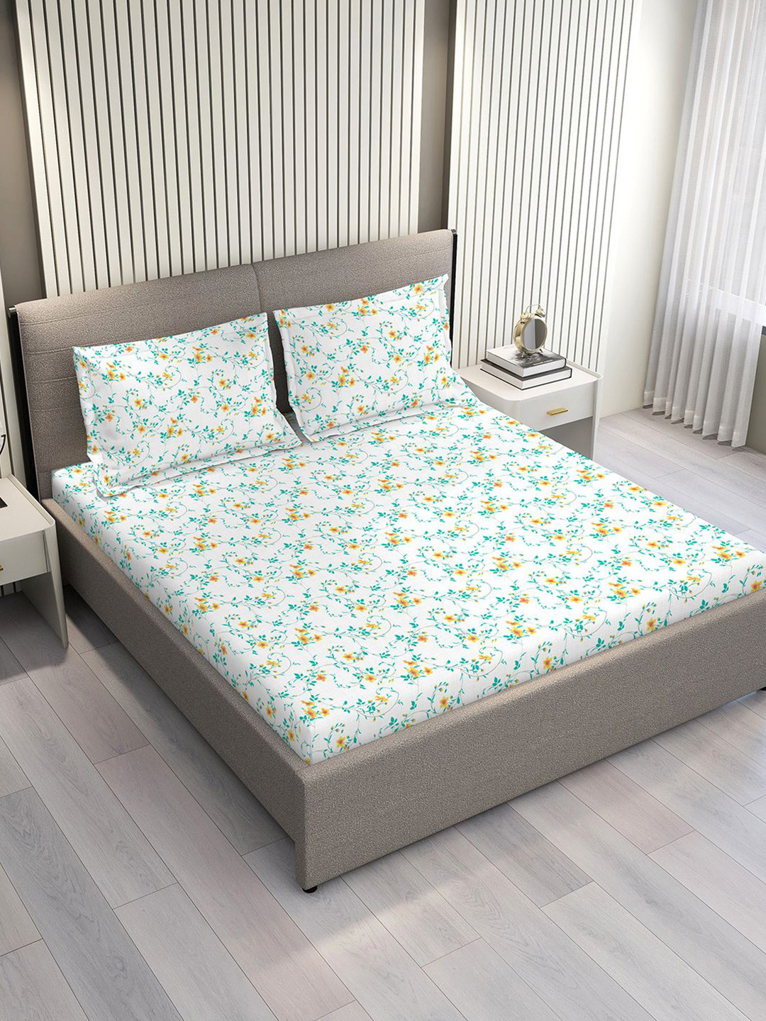 Layers Aria White & Blue Floral Microfiber 120 GSM Double Queen Bedsheet Set-2.54m x 2.23m