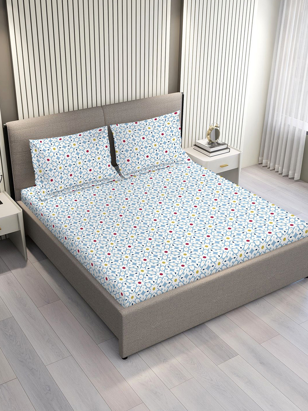 Layers Aria Blue & White Floral Microfiber 120 GSM Double Queen Bedsheet Set-2.54m x2.23m