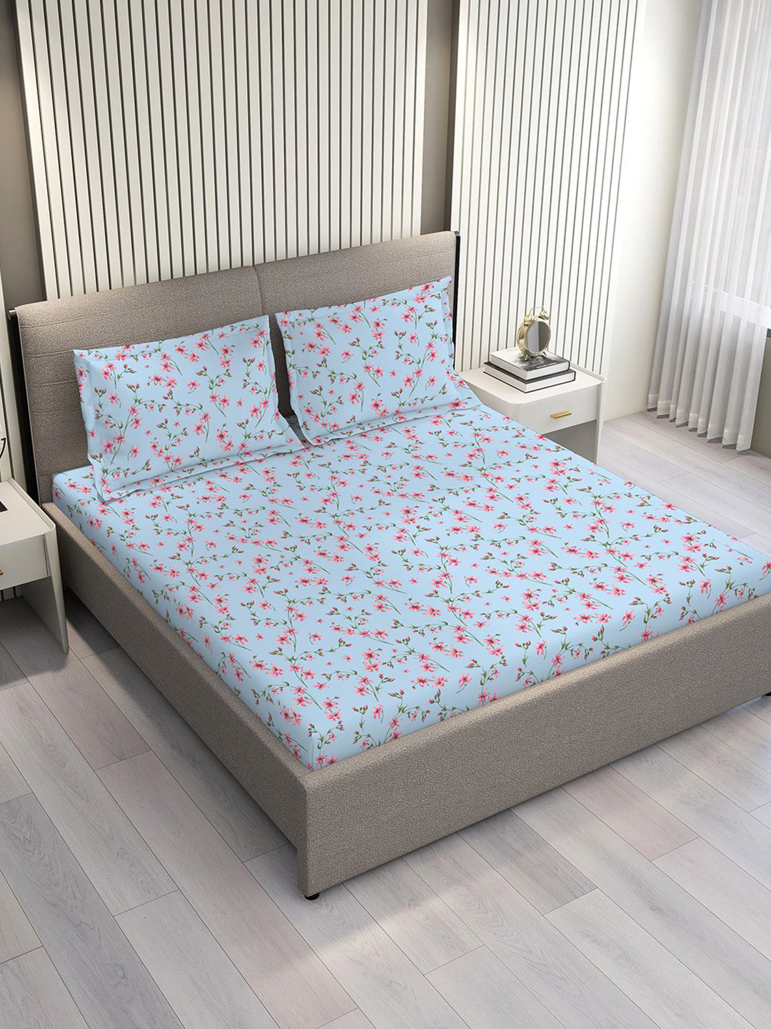 Layers Aria Blue & Pink Floral Microfiber 120 GSM Double Queen Bedsheet Set-2.54m x 2.23m