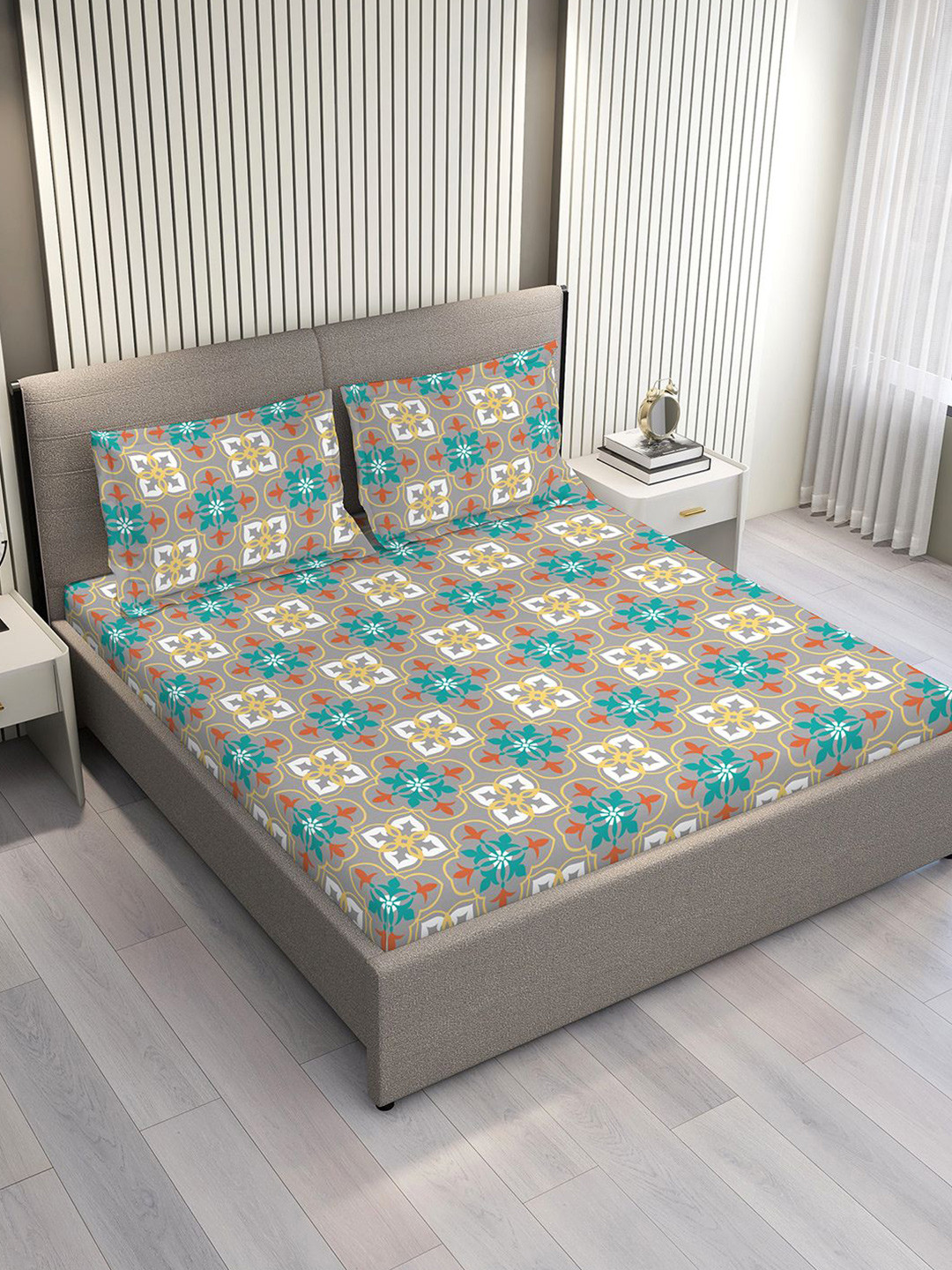 Layers Aria Grey & Blue Ethnic Motifs Microfiber 120 GSM Queen Bedsheet Set-2.54m x 2.23m