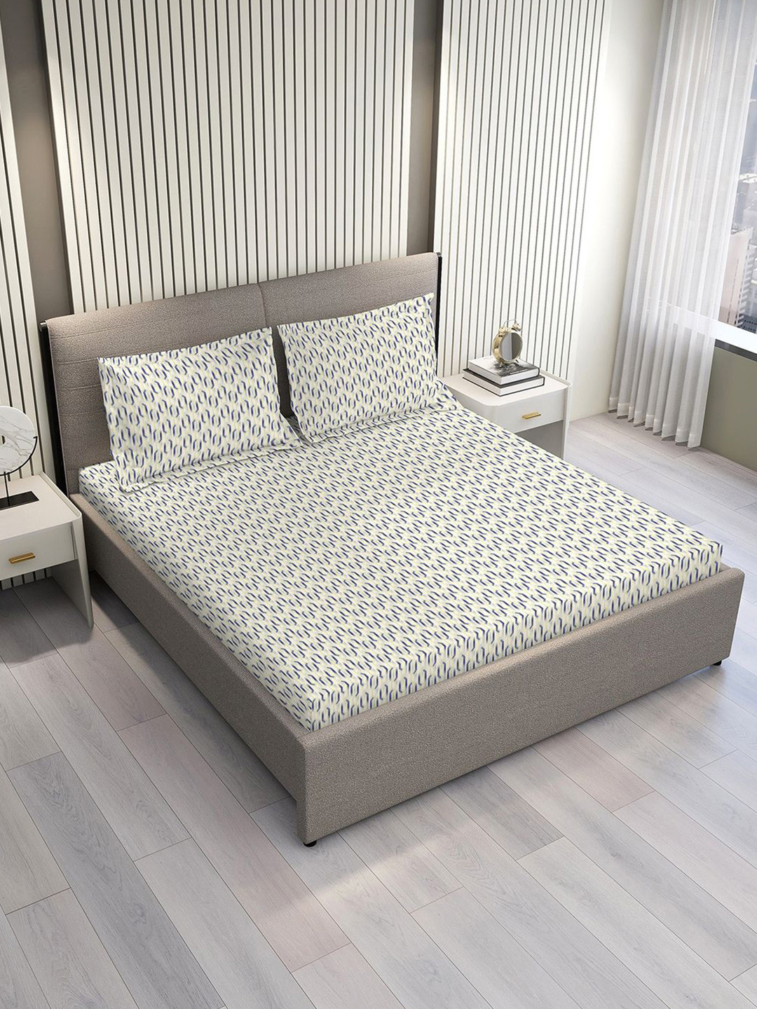 Layers Lumina Floret Cream-Coloured Geometric Cotton 144 TC Queen Bedsheet Set-2.54mx2.23m