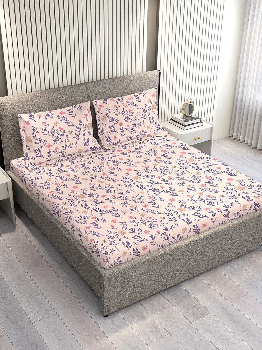 Layers Marigold Pink & Blue Floral Cotton 144 TC Double King Bedsheet Set-2.74 m x 2.74 m
