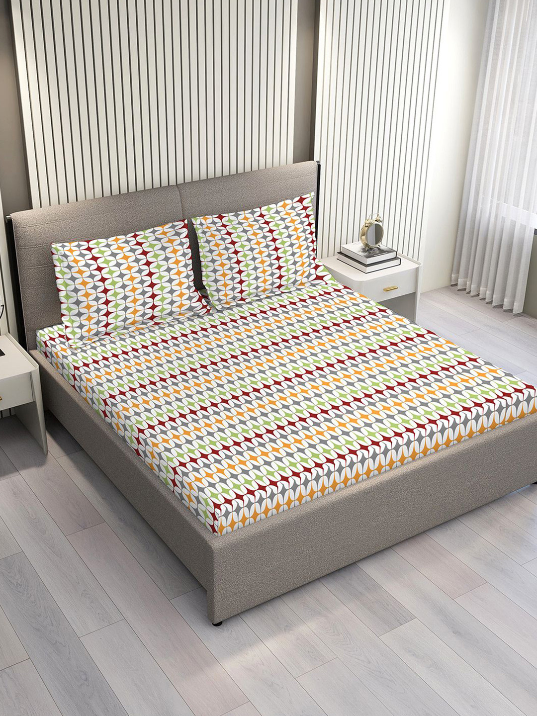 Layers Aria Green & Red Geometric Microfiber 120 GSM Double Queen Bedsheet Set-2.54mx2.23m