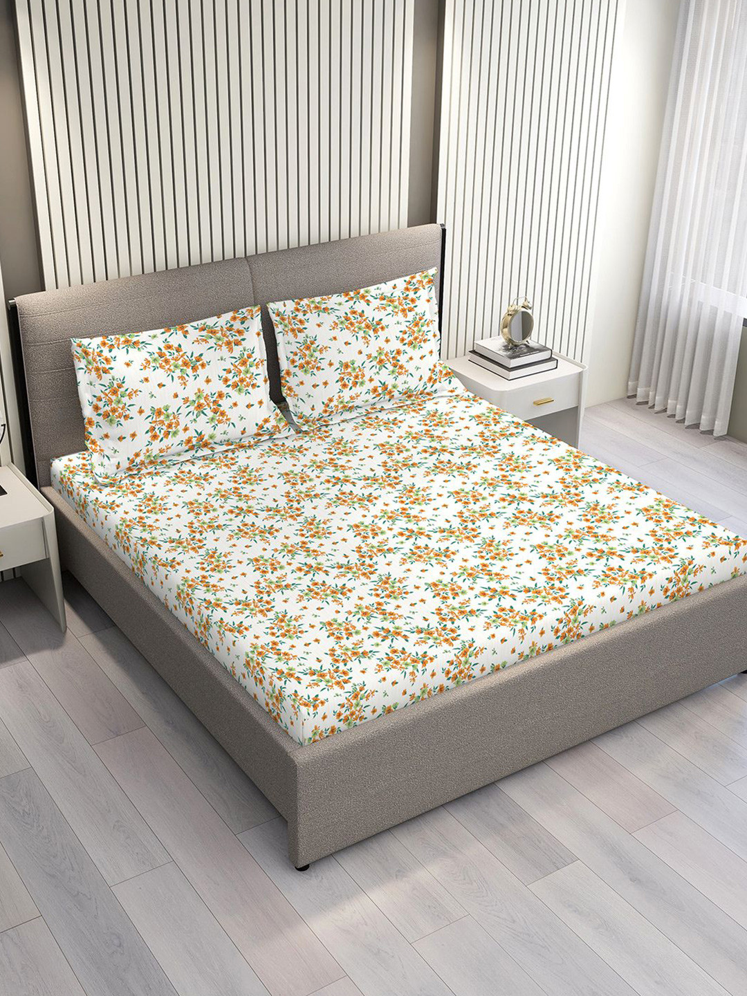 Layers Aria White & Orange Floral Microfiber 120 GSM Queen Bedsheet Set-2.54 m x 2.23 m
