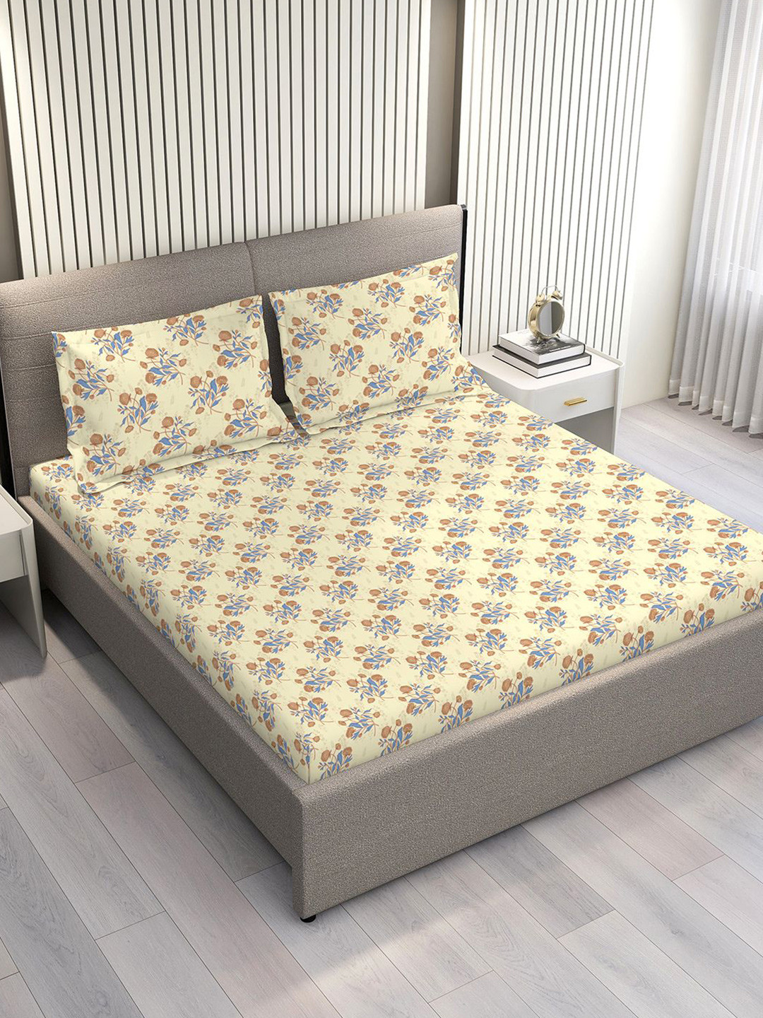 Layers Marigold Yellow & Blue Floral Cotton 144 TC Double King Bedsheet Set-2.74m x 2.74 m