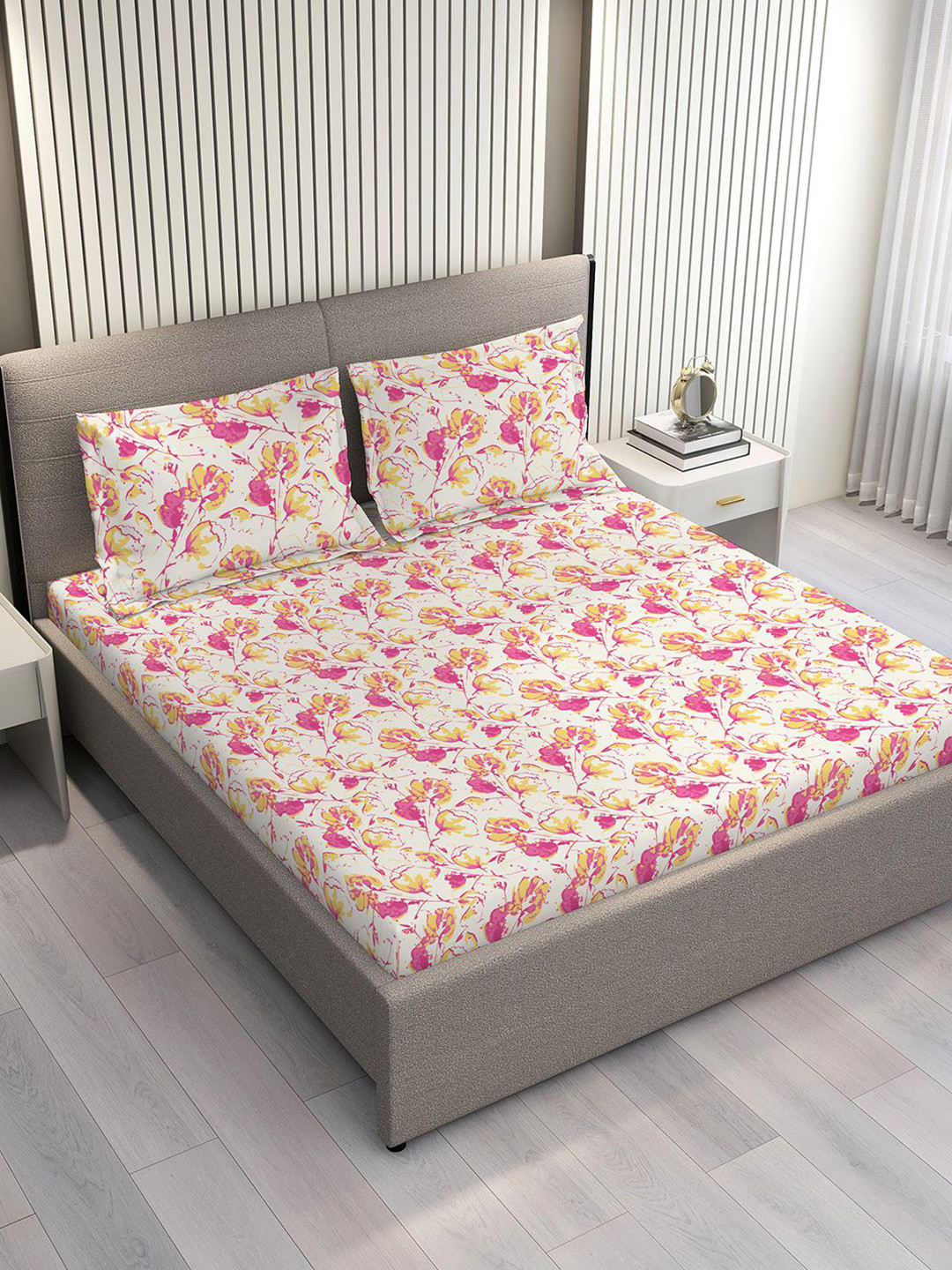 Layers Lumina Floret Beige & Pink Floral Cotton 144TC Double King Bedsheet Set-2.74mx2.74m