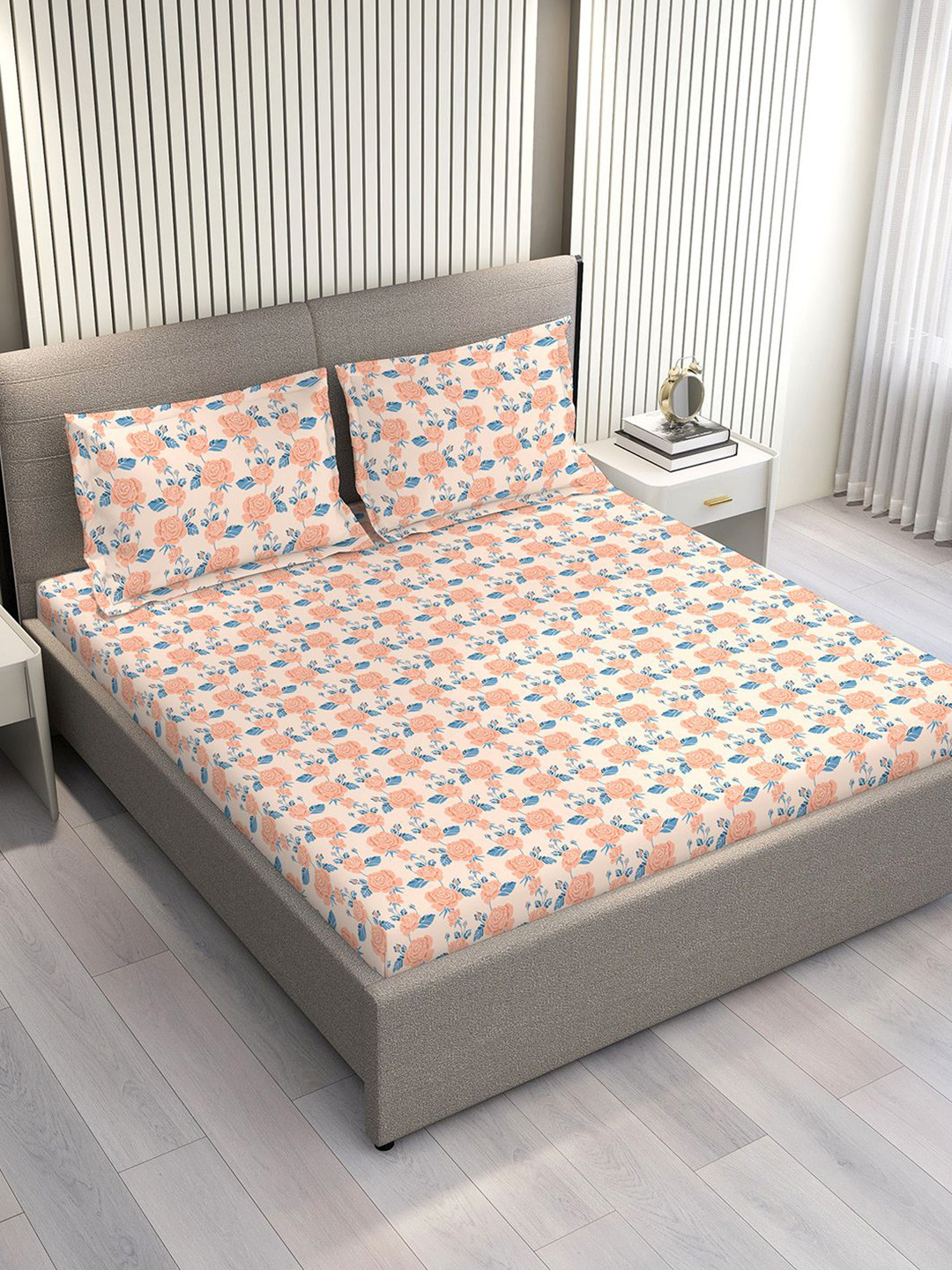 Layers Marigold Orange & Blue Floral Cotton 144 TC Double King Bedsheet Set-2.74m x 2.74 m