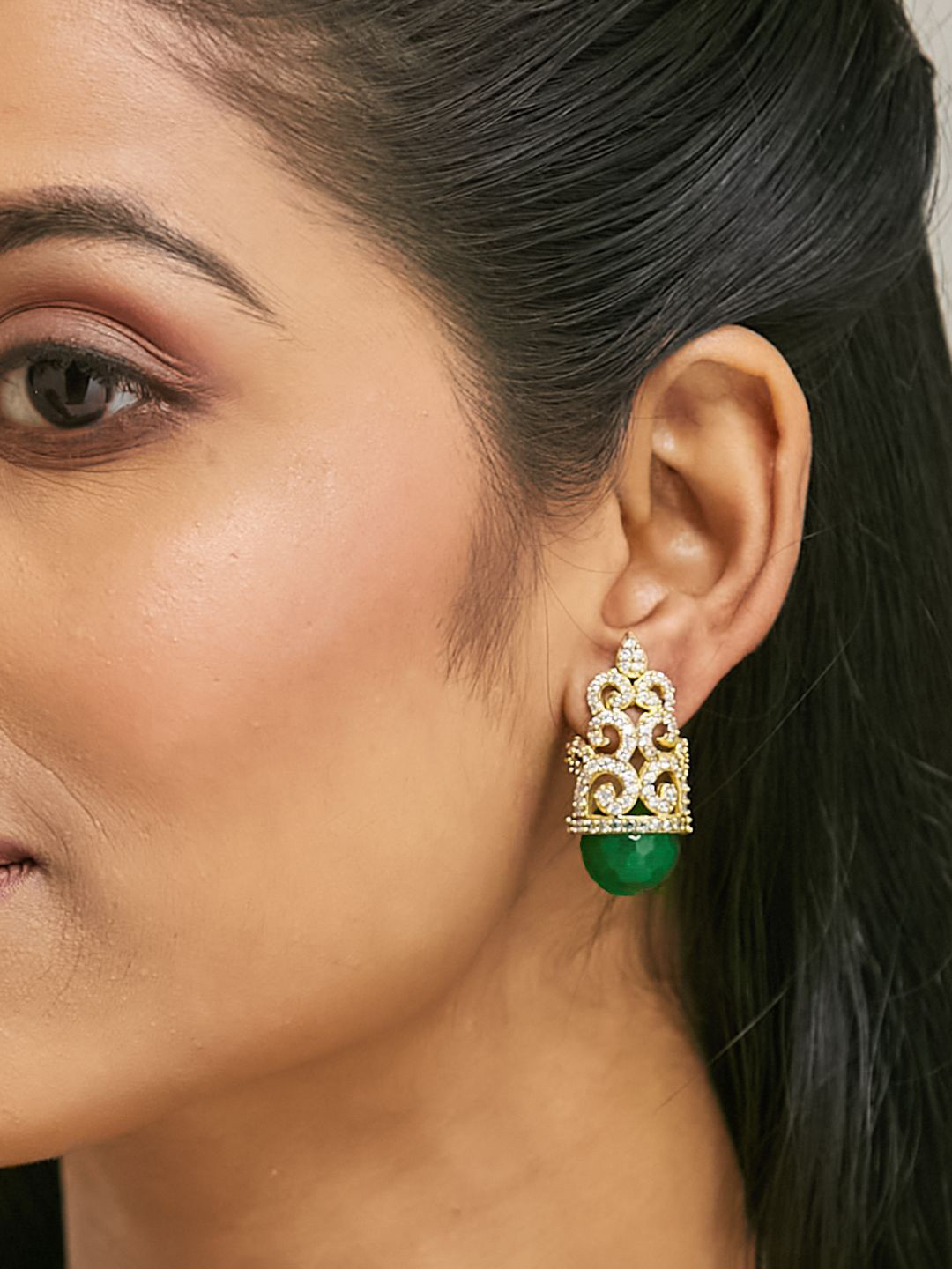 Nuyug  22K Gold-Plated Green Gemstone & Zircon Studded Contemporary Filigree Motif Studs