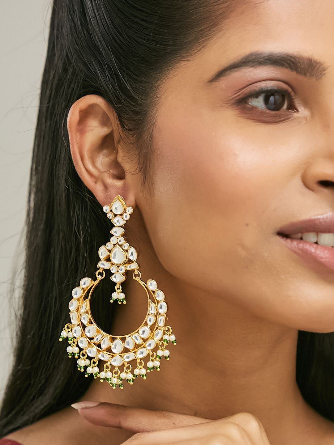 Nuyug  22K Gold-Plated Elegant Kundan Stone Studded & Pearl Beaded Floral Chandbalis