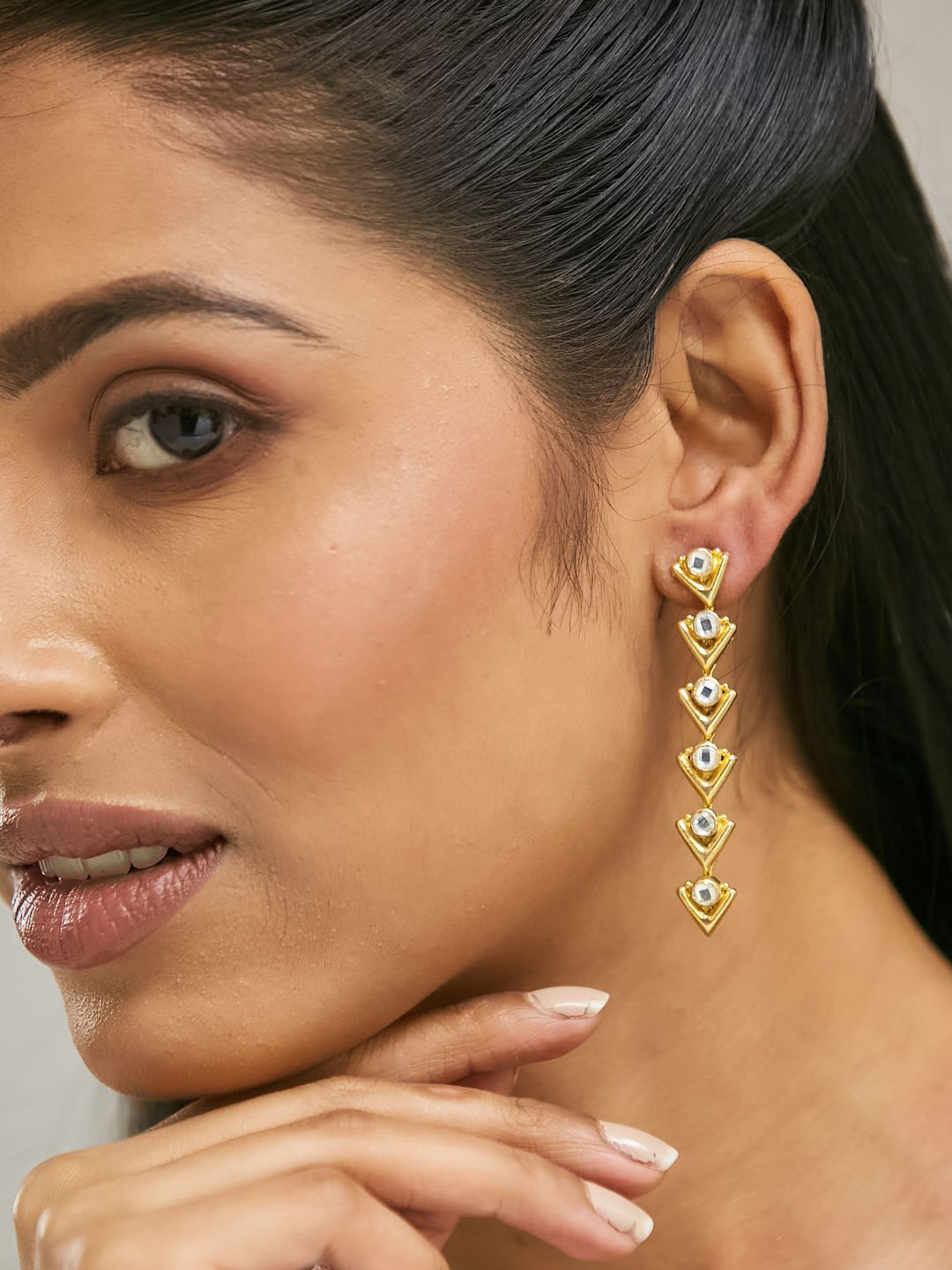 Nuyug  18K Gold-Plated Crystal Stone Studded Triangular Drop Sleek Earrings