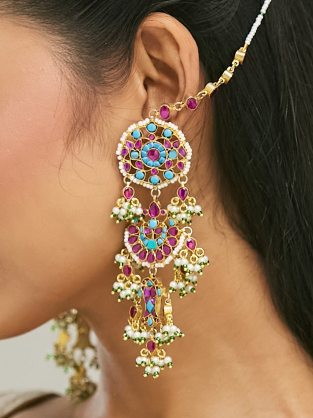 Nuyug  22K Gold-Plated Kundan Stone Studded & Pearl Beaded Crescent Shape Kanauti Earrings