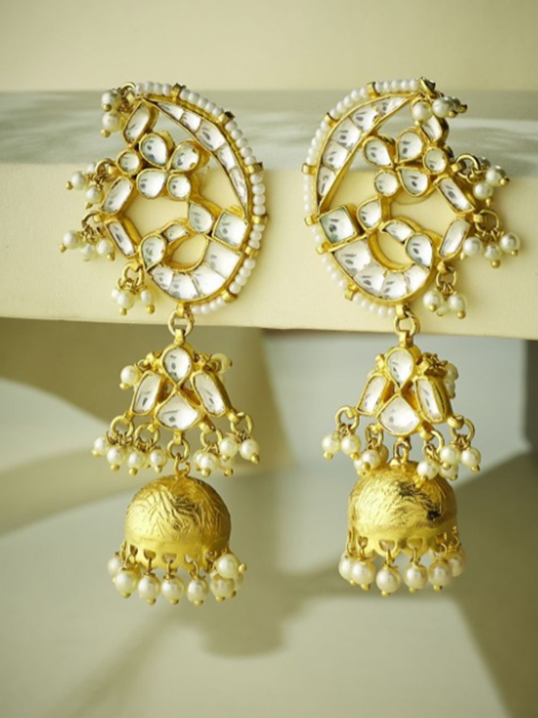 Nuyug  22K Gold-Plated Elegant Kundan Studded & Pearl Drops Mini Jhumki Dangler Earrings