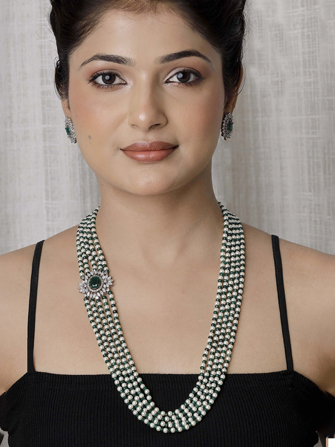 Adorn Silver-Plated CZ-Studded & Beaded Necklace & Earrings