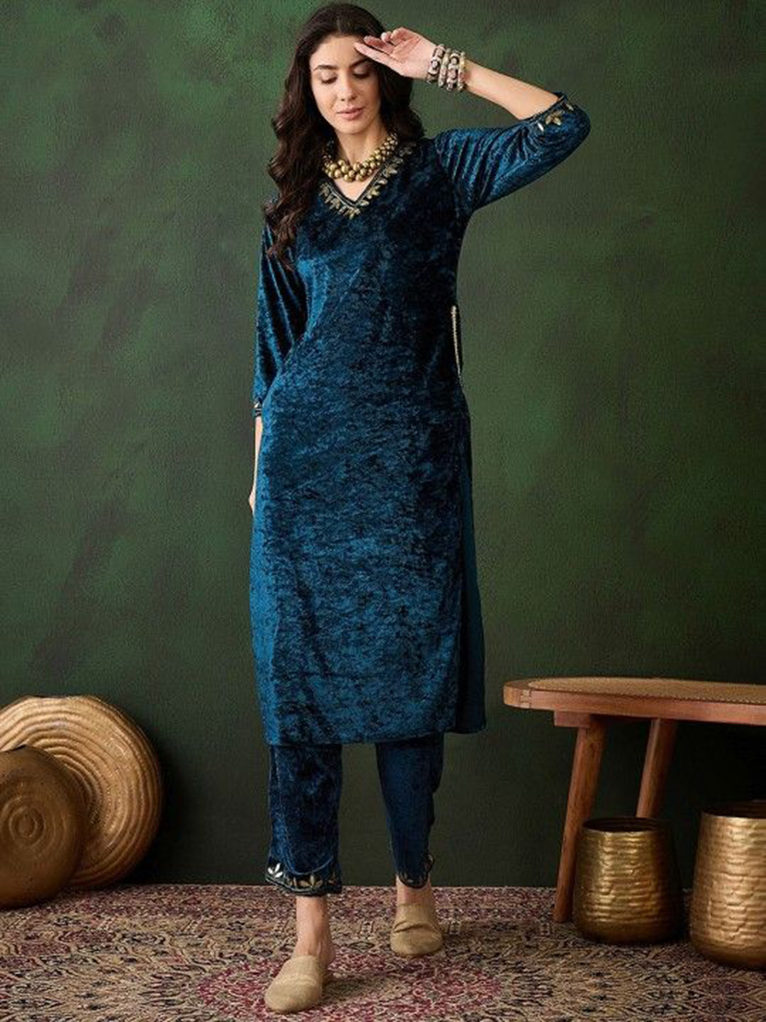 Sangria Teal Floral Yoke Design V-neck Three-Quarter Sleeves regular Velvet Straight Kurta