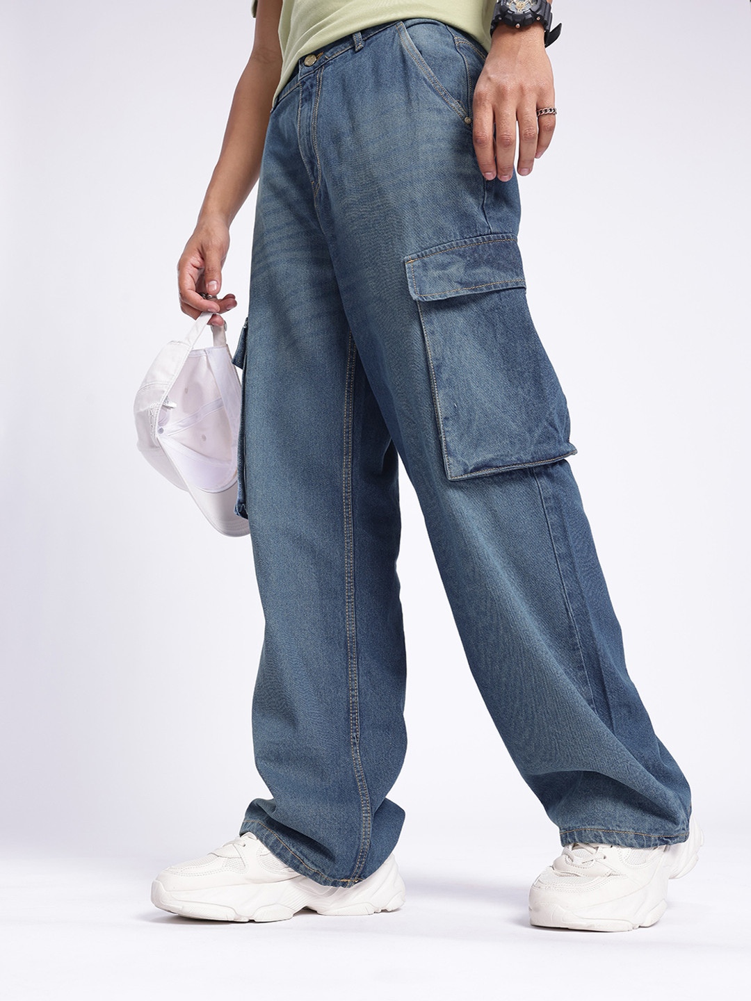 glitchez Men Relaxed Fit Medium Shade Cargo Jeans