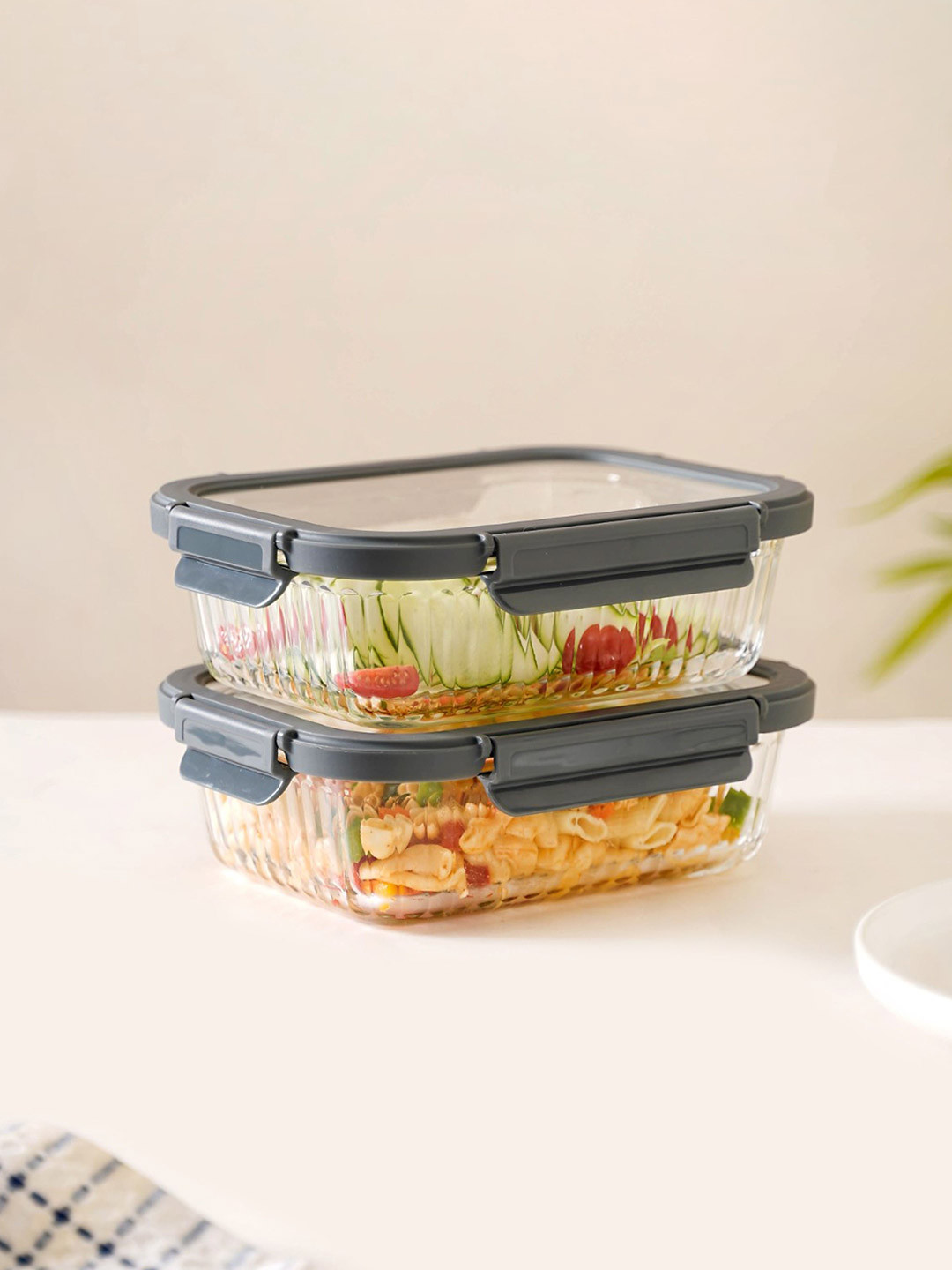 Nestasia Transparent & Grey 2 Pieces Glass Lunch Boxes