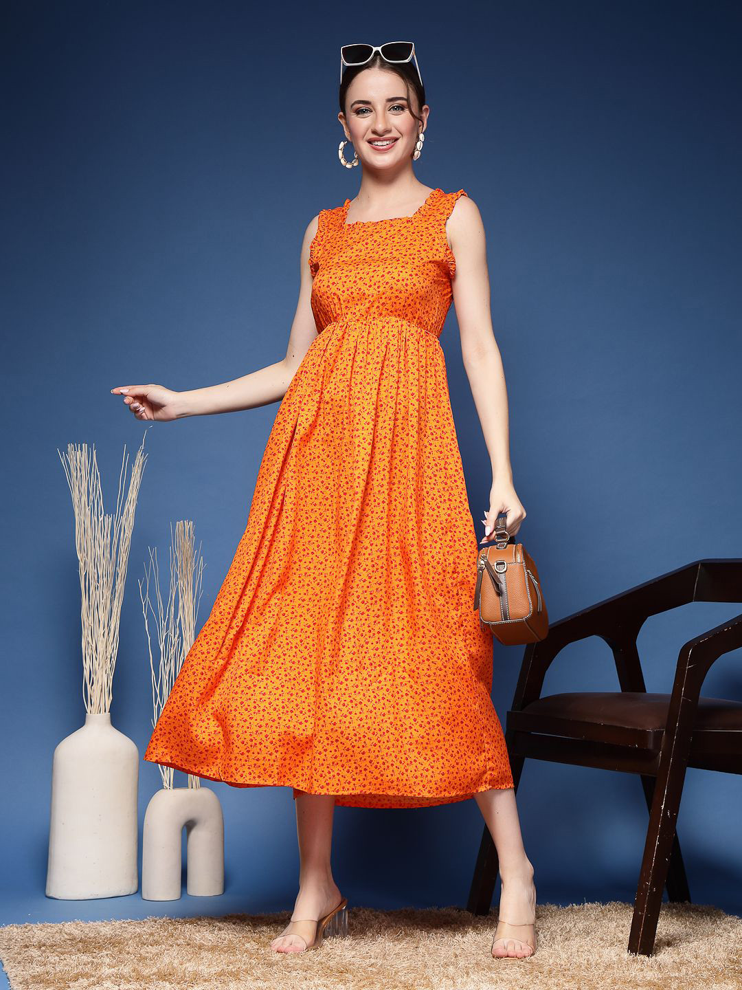 GLAMALUE Floral Printed Micro Pattern Empire Midi Dress