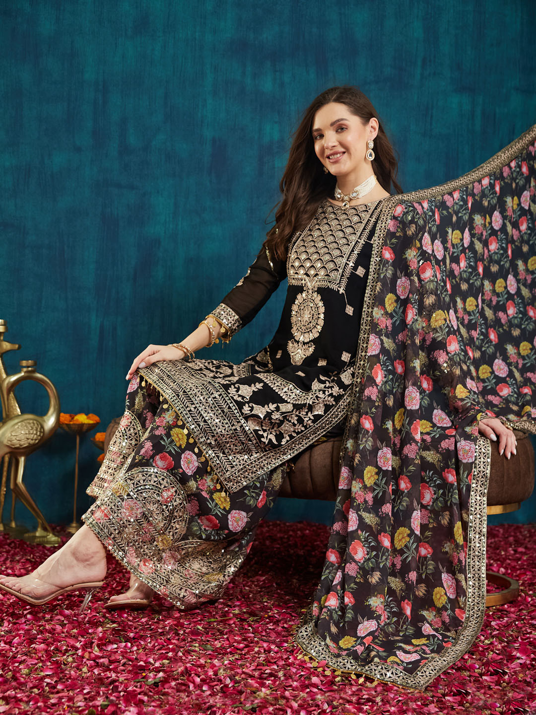 RAJGRANTH Floral Embroidered Regular Sequinned Kurta With Palazzo With Dupatta