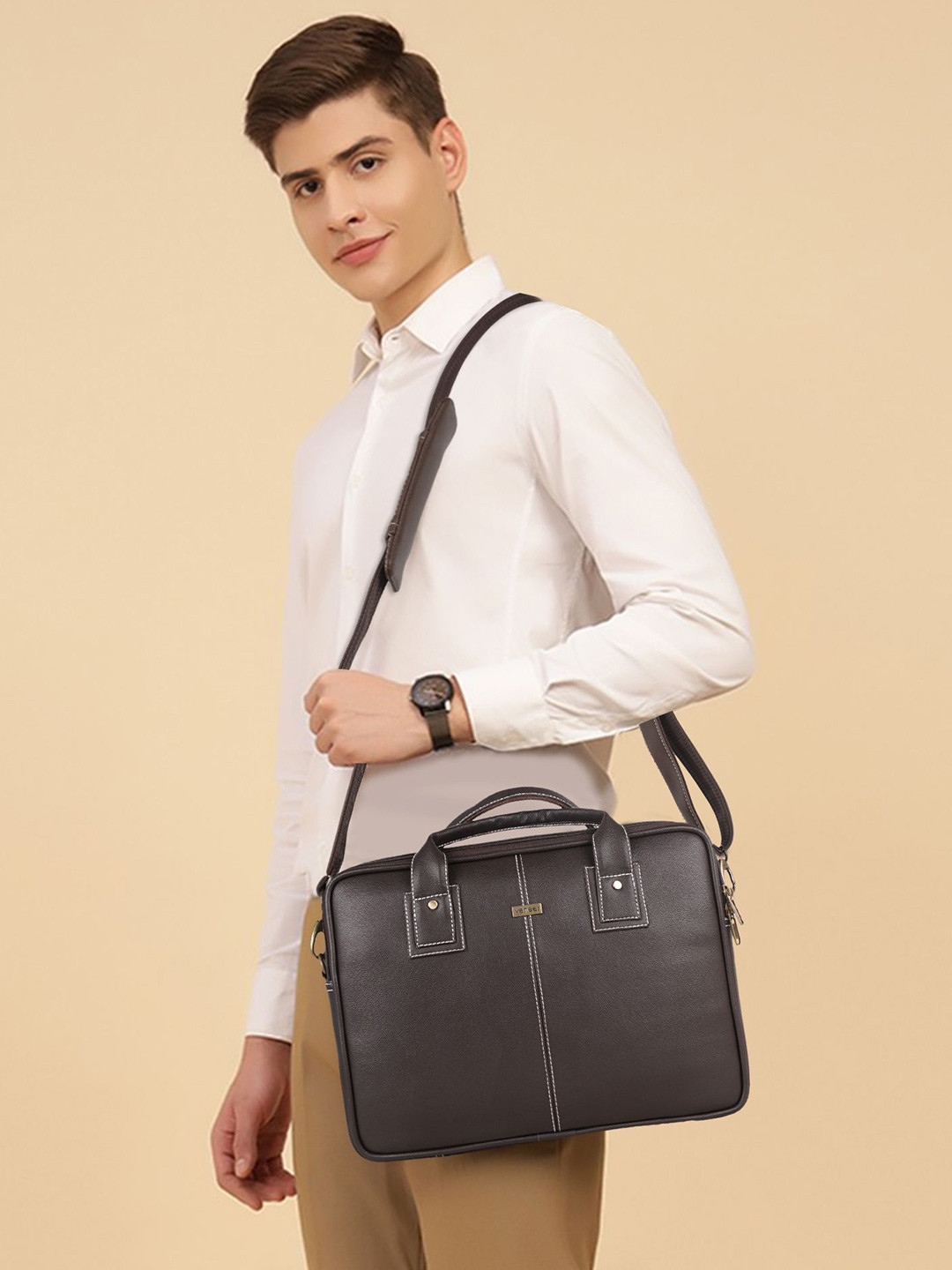 Veneer Men Solid Leather Messenger Bag
