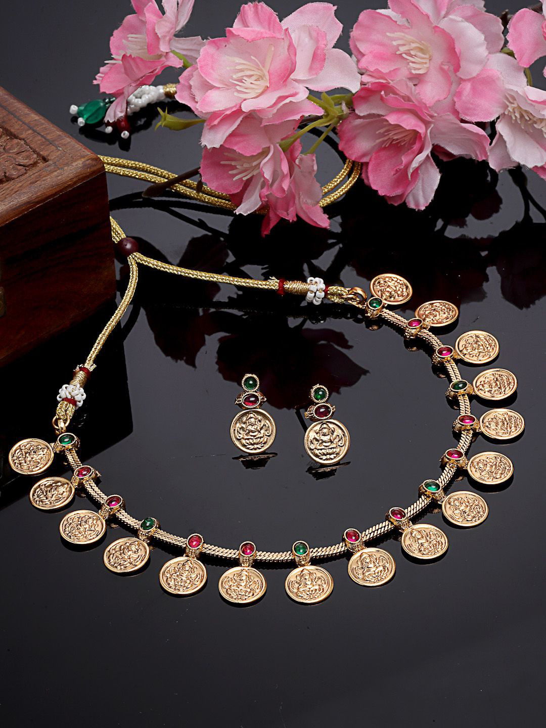 PANASH 18KT Gold Plated Stones Studded Tarnish Temple Coins Jewelry Set