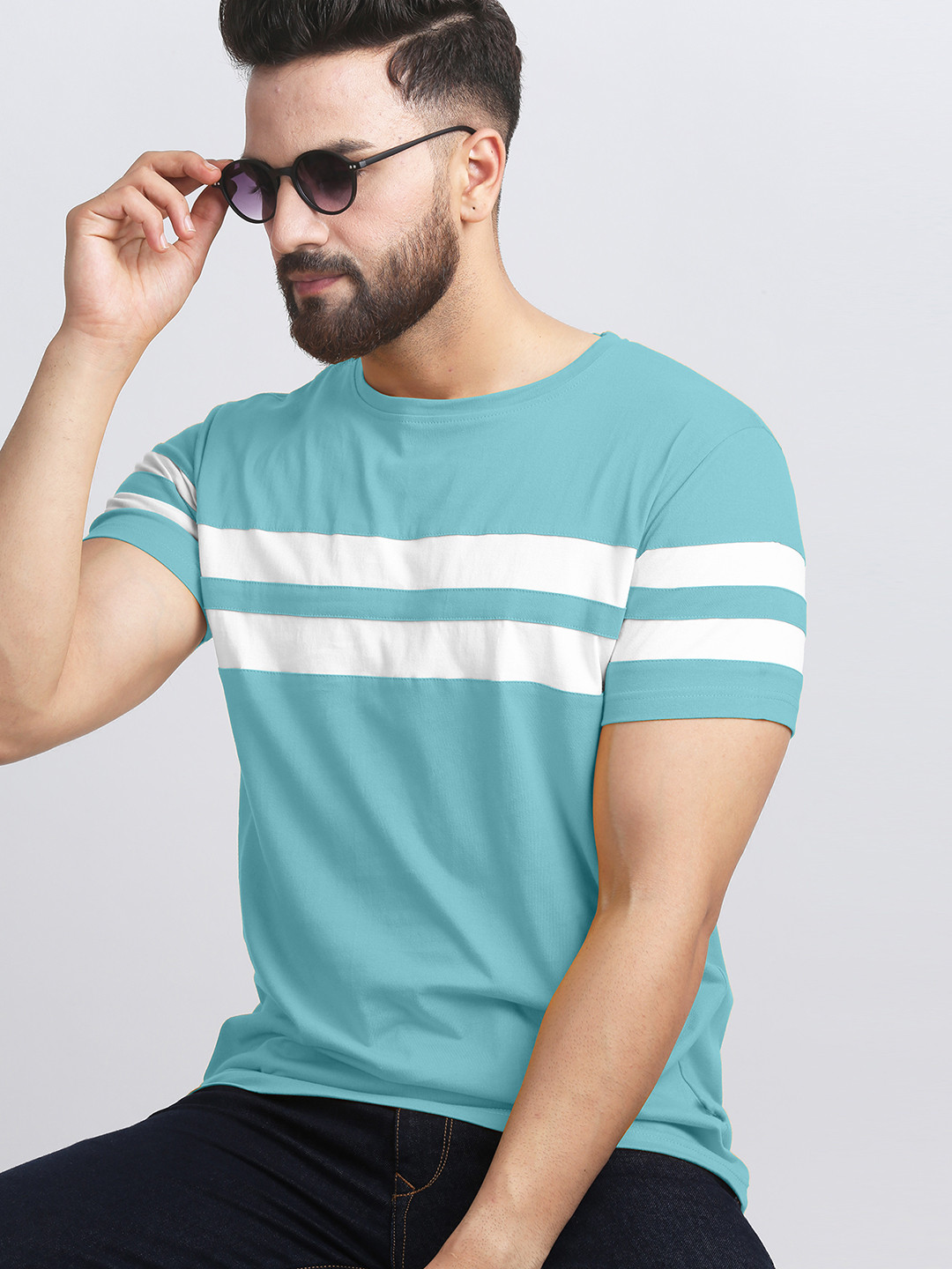 AUSK Men Striped Round Neck Cotton T-shirt