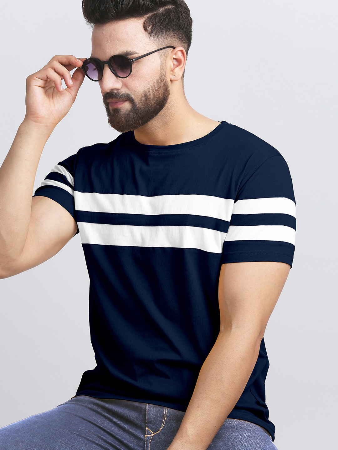 AUSK Men Striped Round Neck Cotton T-shirt
