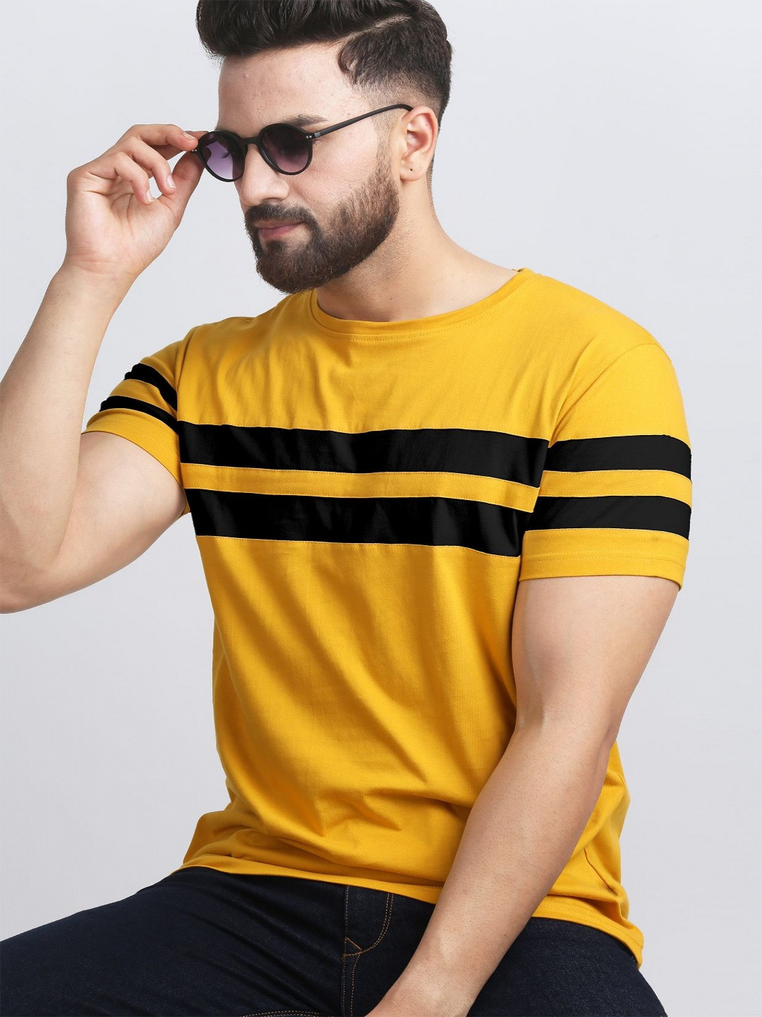 AUSK Men Striped Round Neck Cotton T-shirt