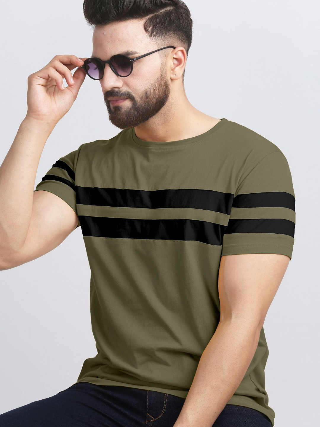 AUSK Men Striped Round Neck Cotton T-shirt