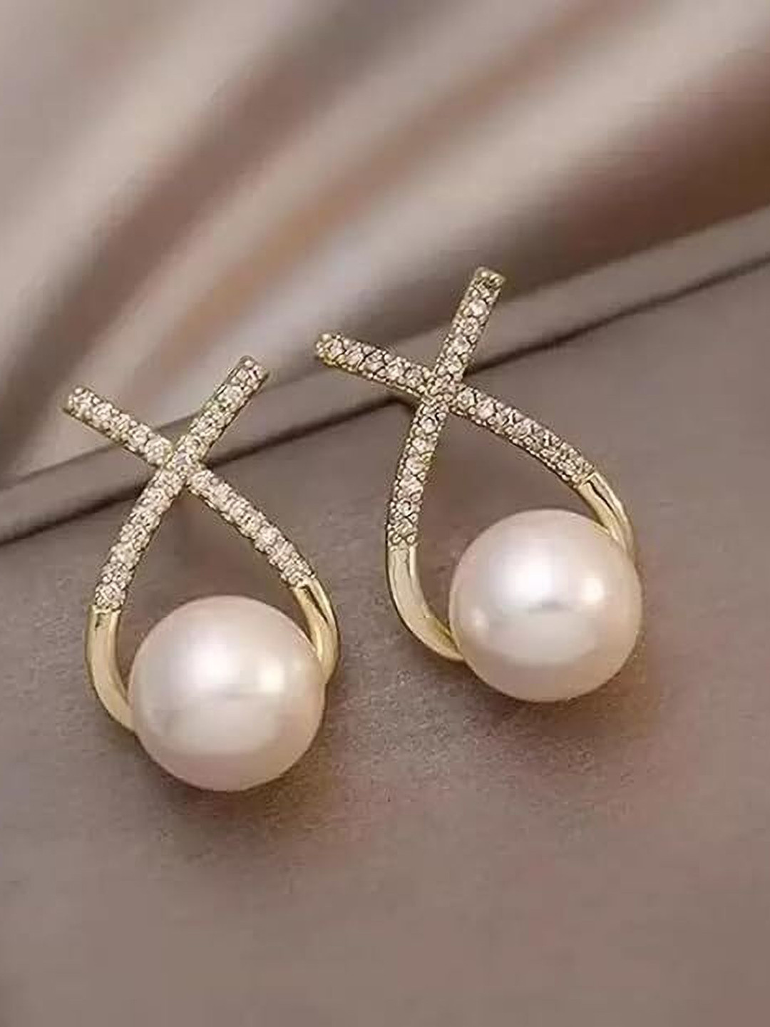 Celestique Gold-Plated Cross Stone Studded & Pearl Beaded Korean Studs