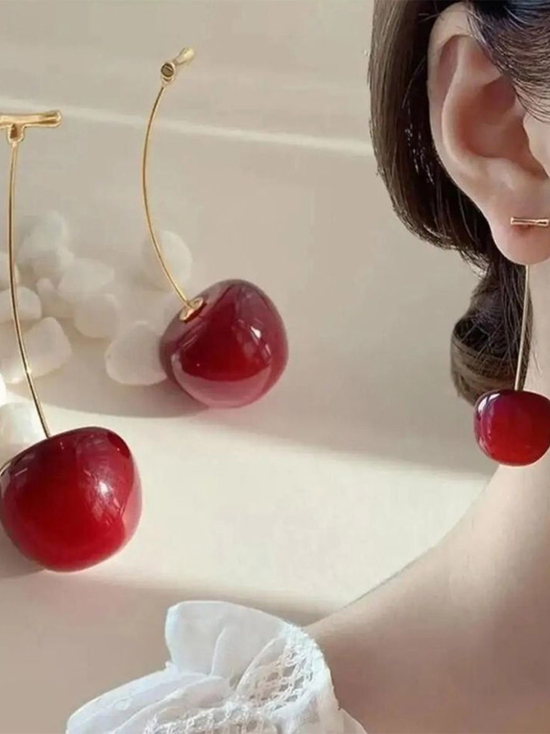 Celestique Gold-Plated Cherry Design Korean Acrylic Drop Earrings