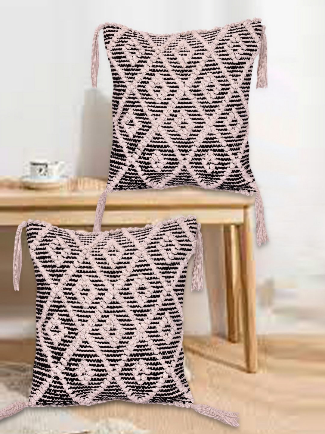 osric Brown & Beige 2 Pieces Geometric Cotton Square Cushion Covers