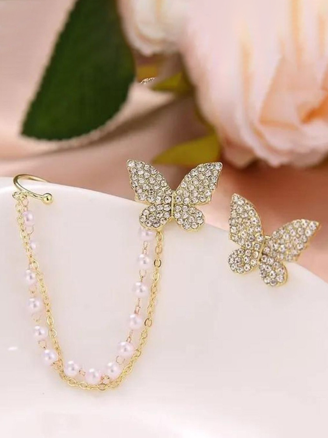 Celestique Stone Studded & Beaded Butterfly Shaped Chain Drop Earrings