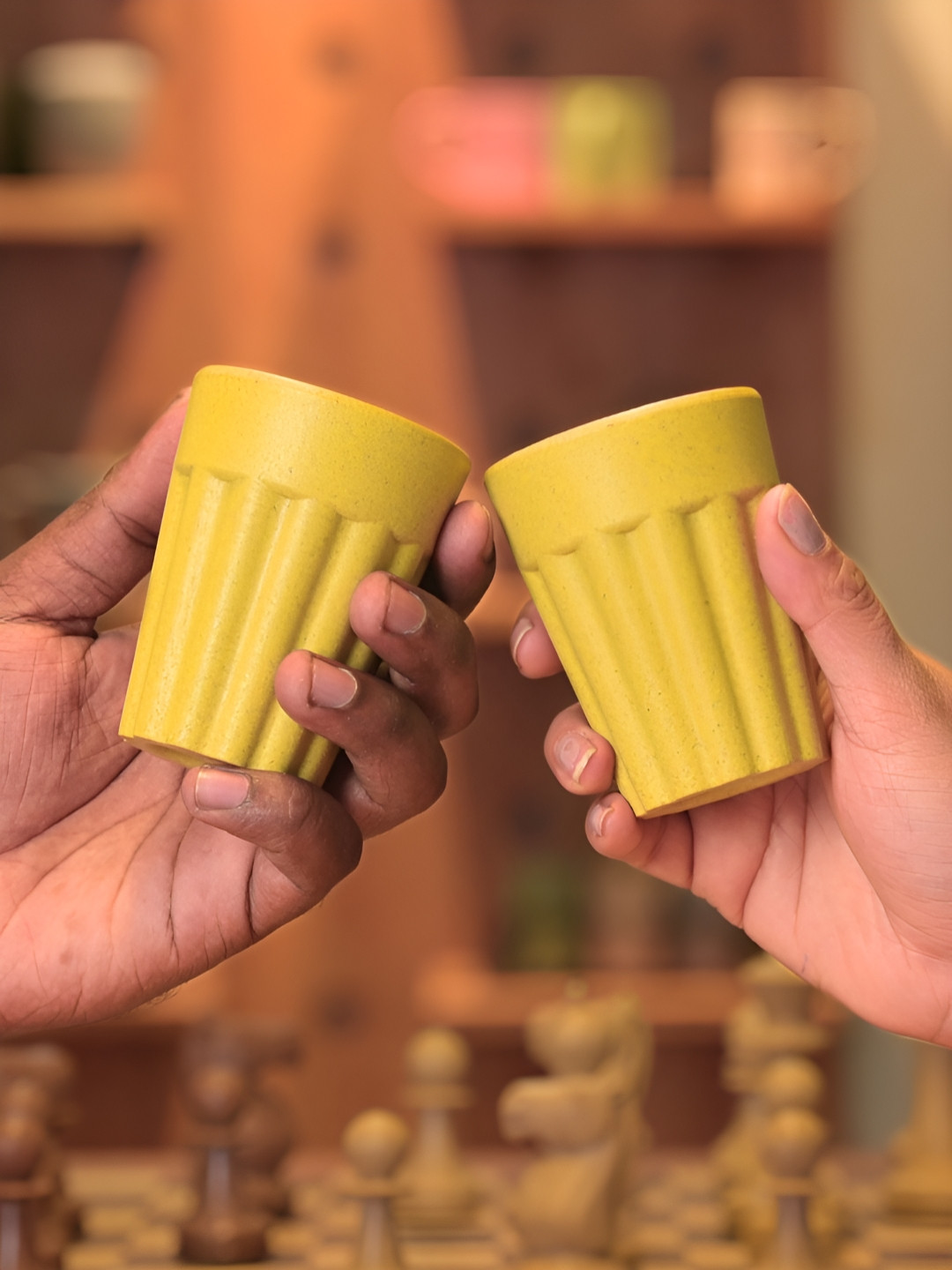 eha Sunsign Theme Yellow Textured Biocomposite Microwave Safe 2 Piece Kulhad-100ml