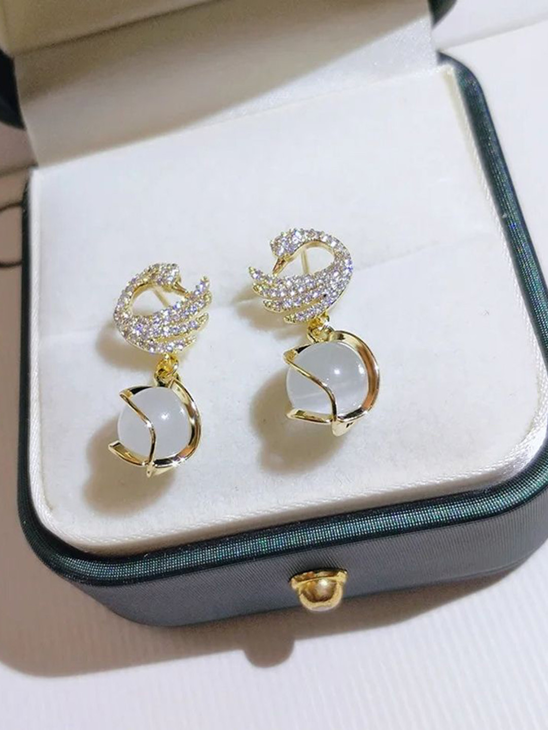 Celestique Pearl & Opal Studded Swan Drop Earrings