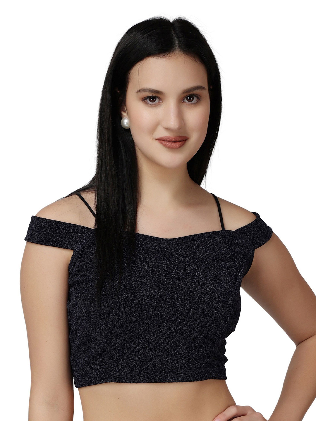 Popwings Women Shimmer Off-Shoulder Fitted Crop Top