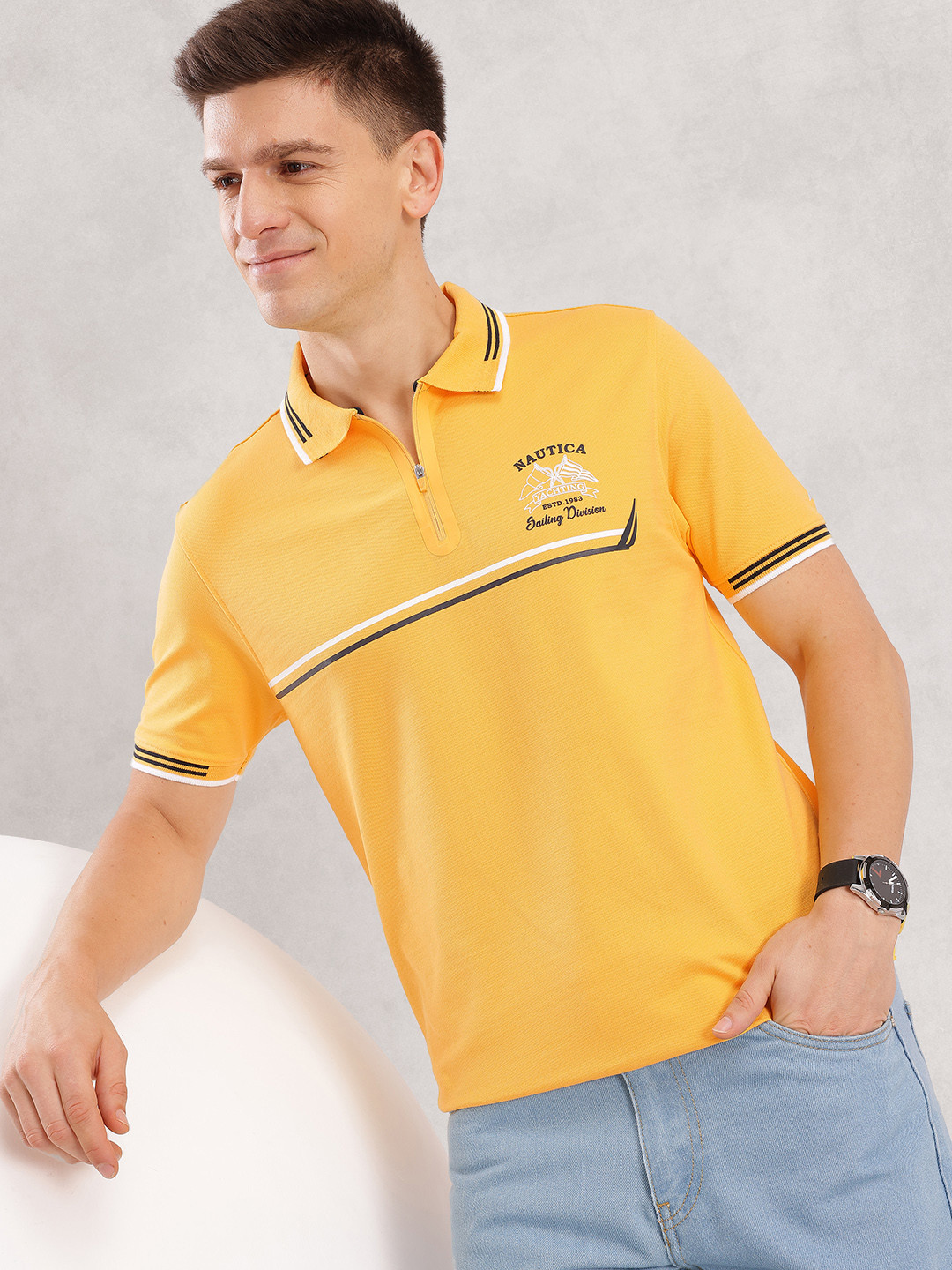 Nautica Typography Print Polo Collar T-shirt with Striped Detail