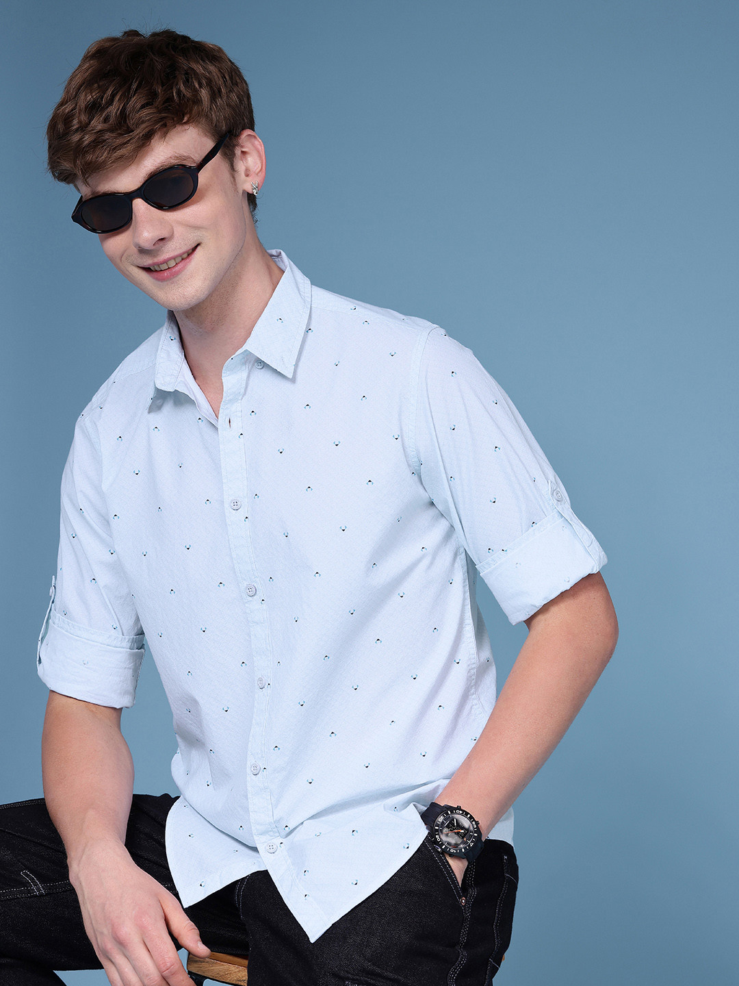 HERE&NOW Pure Cotton Geometric Printed Button-Down Collar Roll-Up Sleeves Casual Shirt