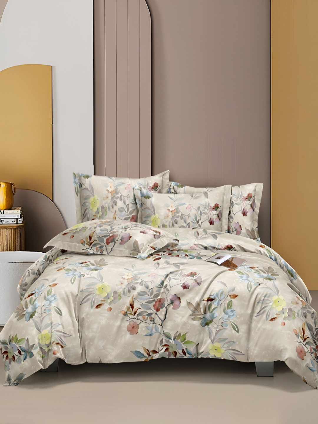 MORADO Brown & Cream Floral Printed Cotton Duvet Cover