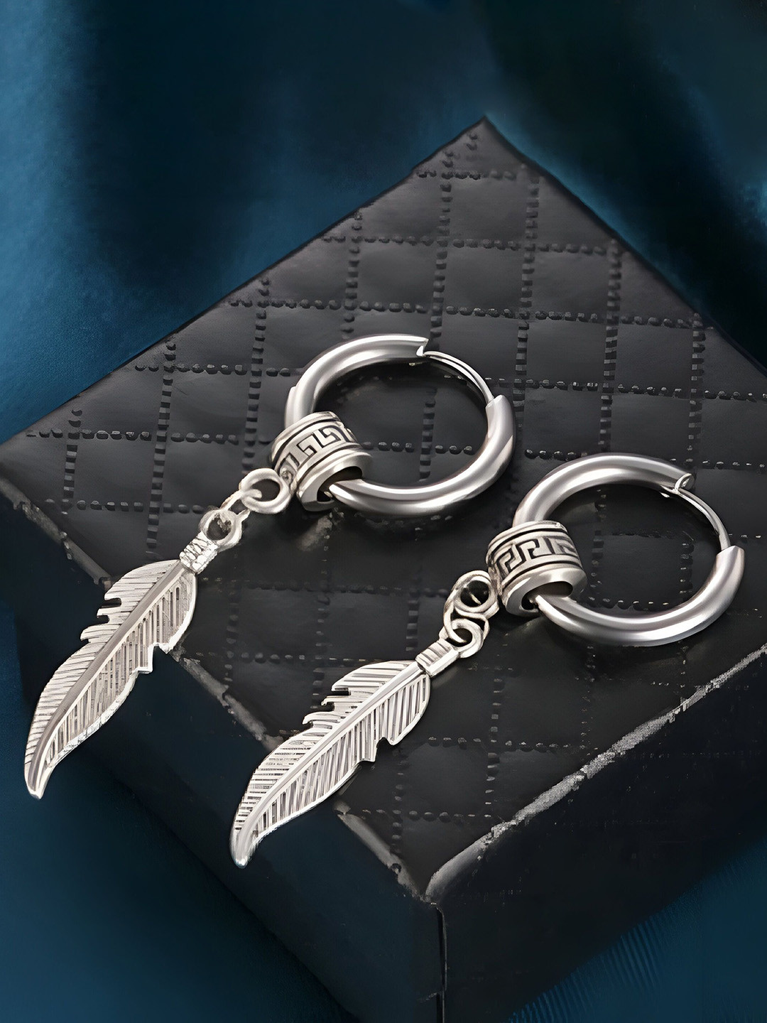 RUHI COLLECTION Silver Plated Leaf Shaped Hoop Earrings