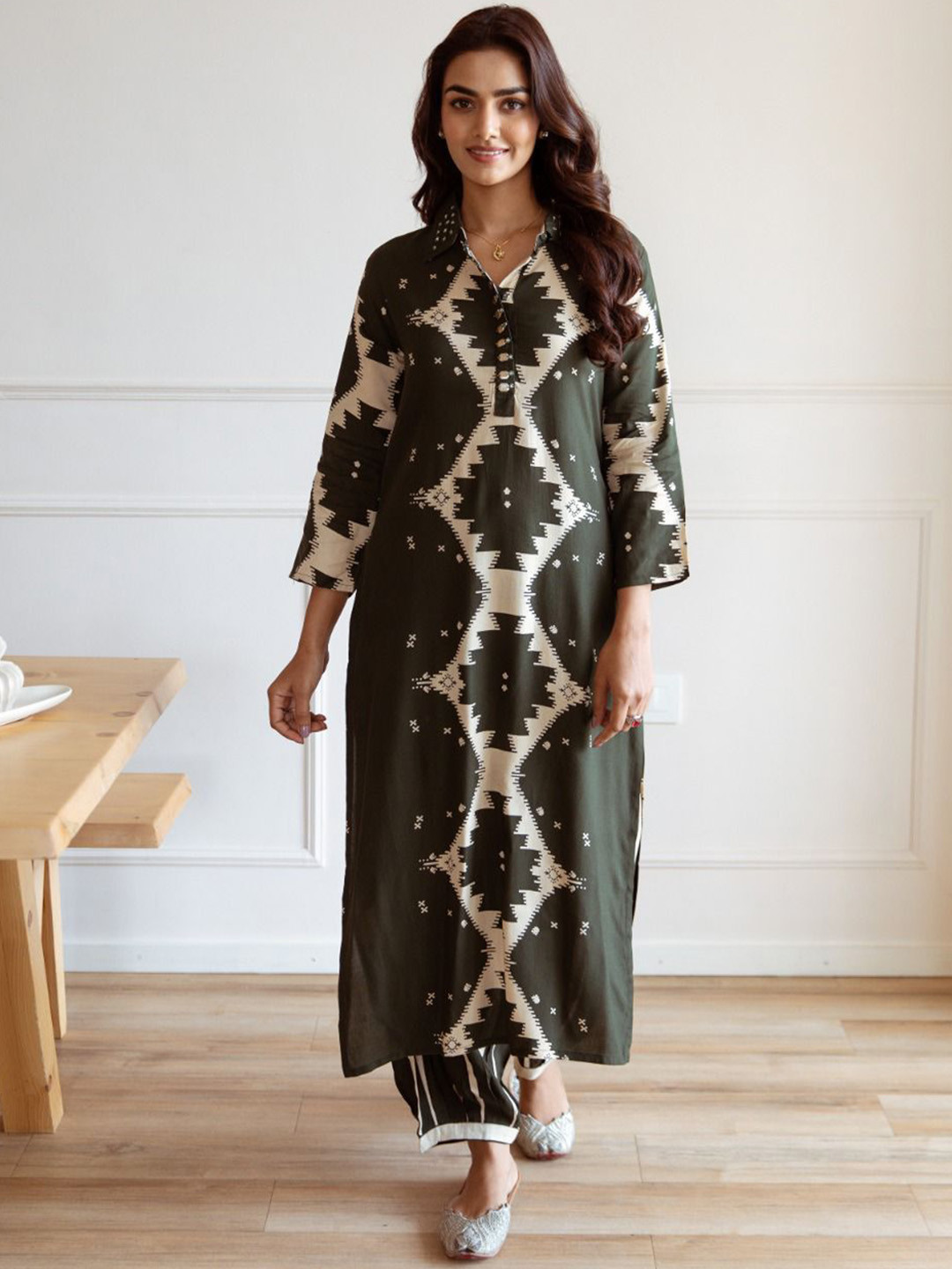 Anouk Olive Green Ethnic Motifs Printed Shirt Collar Cotton Silk A-Line Kurta With Salwar