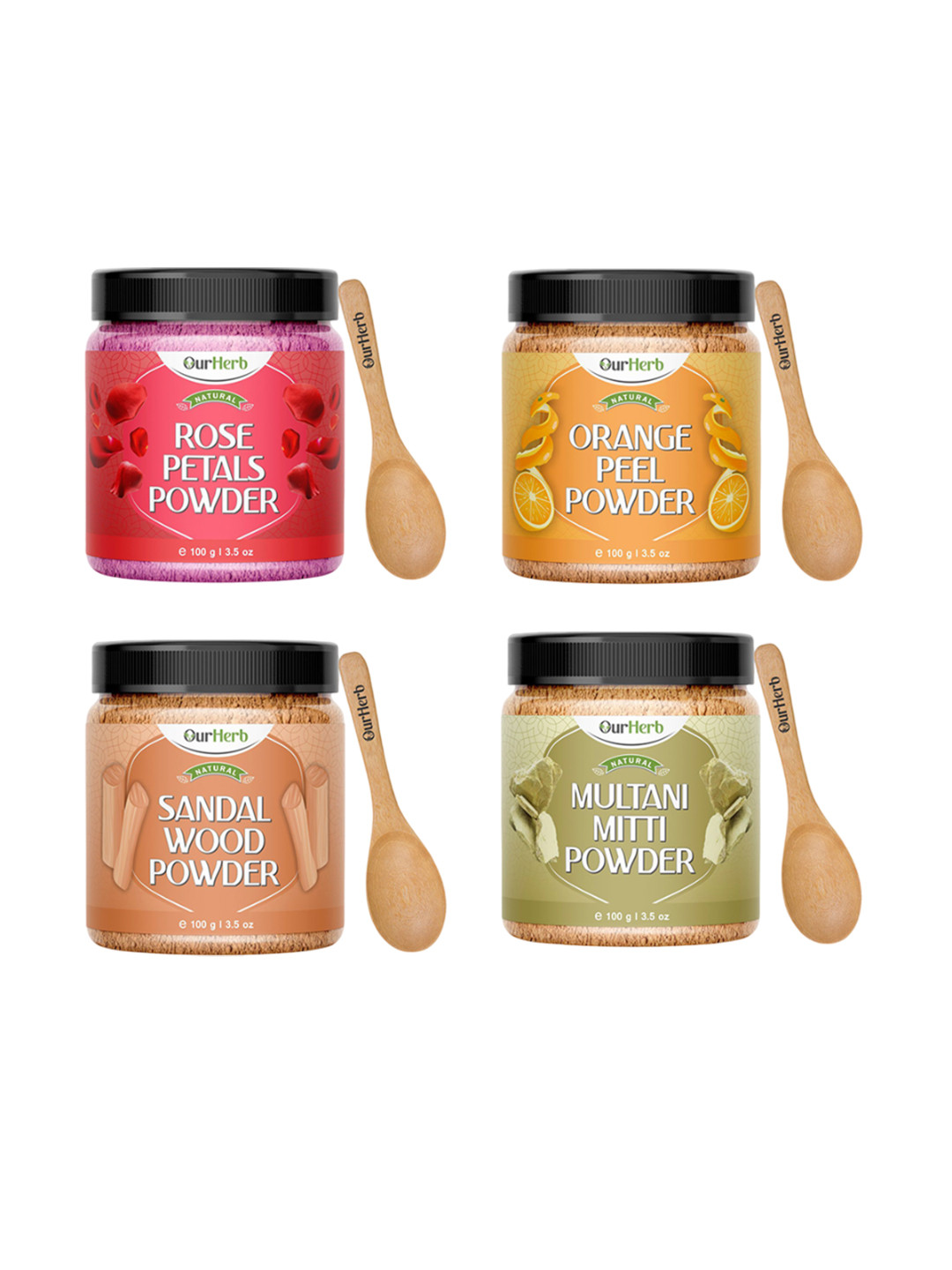 OurHerb Set Of 4 Sandalwood Multani Mitti, Rose Petal & Orange Peel Face Packs-100 g Each