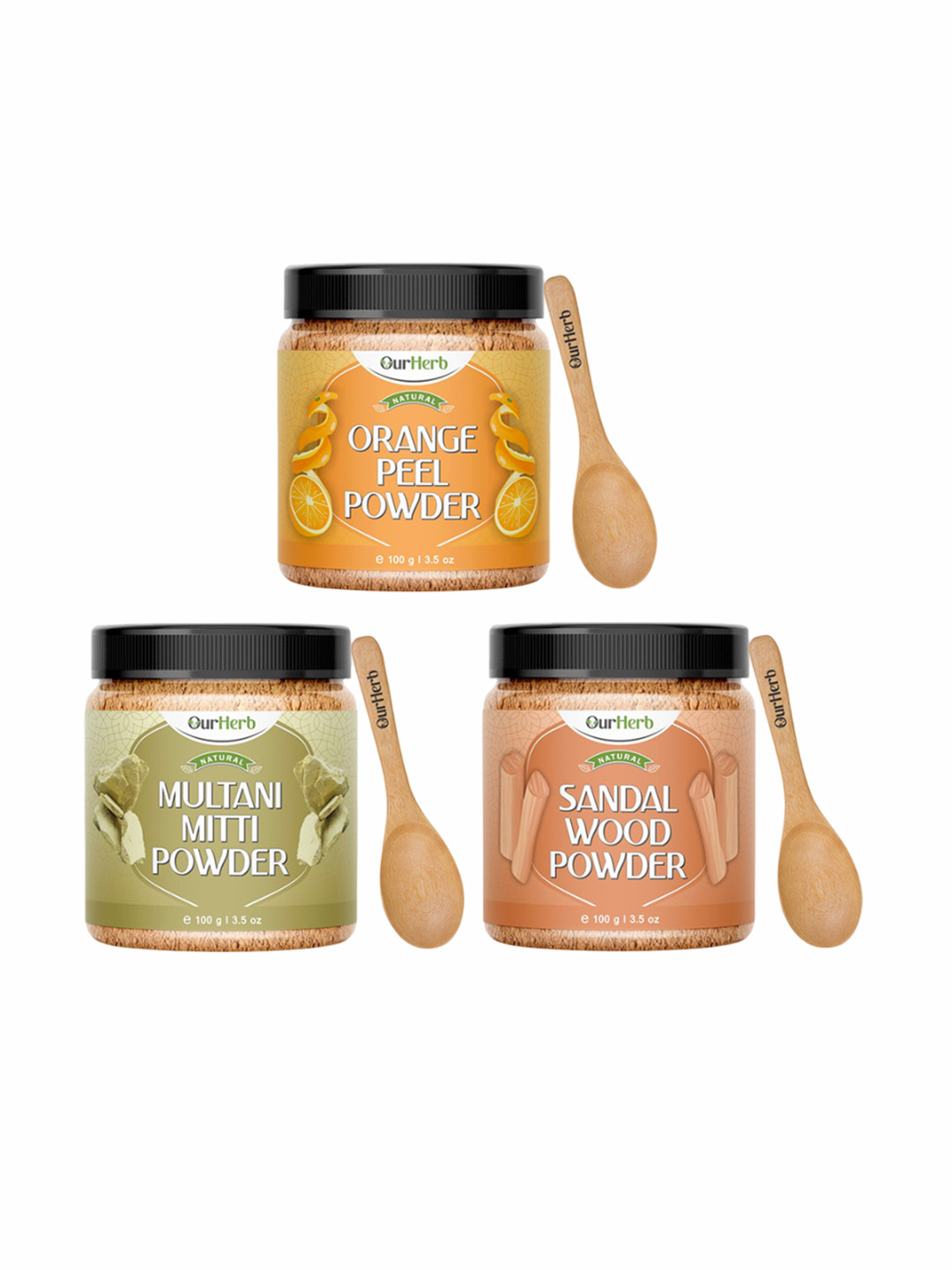 OurHerb Set Of 3 Sandalwood Orange Peel & Multani Mitti Powder Face Packs - 100 g Each