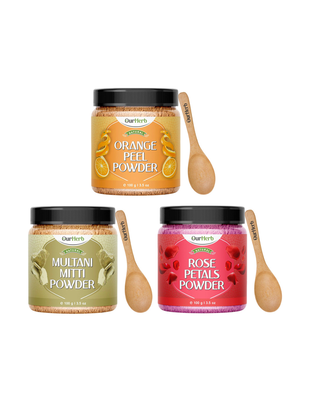 OurHerb Set Of 3 Orange Peel With Rose Petals & Multani Mitti Powder Face Pack -100 g Each
