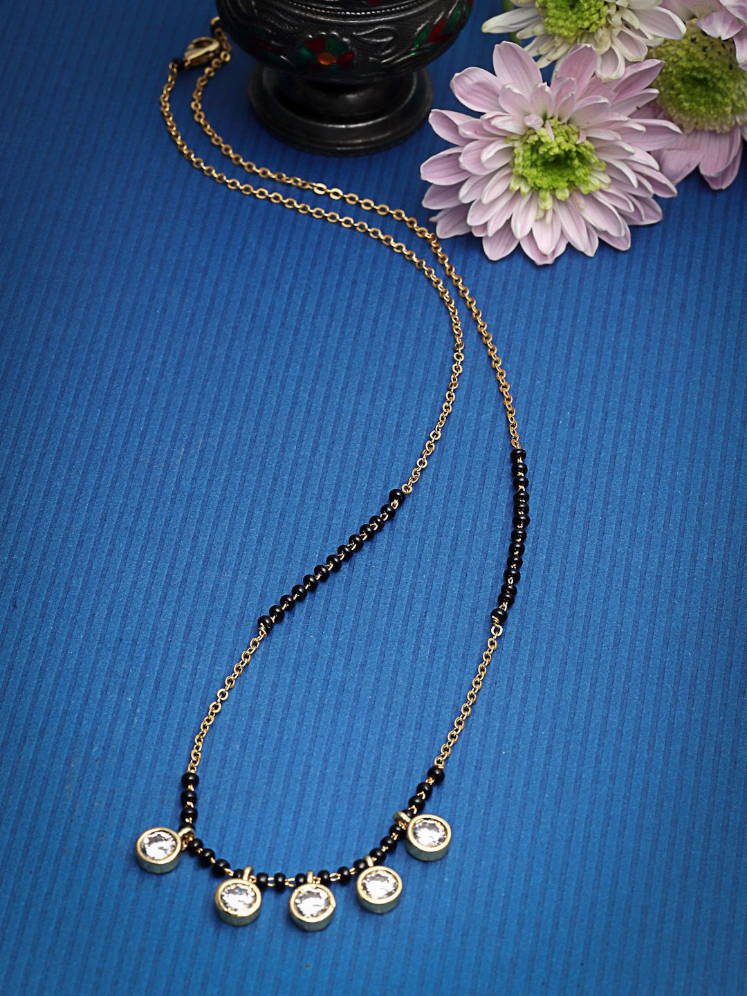 PANASH Gold-Plated American Diamond Studded & Beaded Mangalsutra