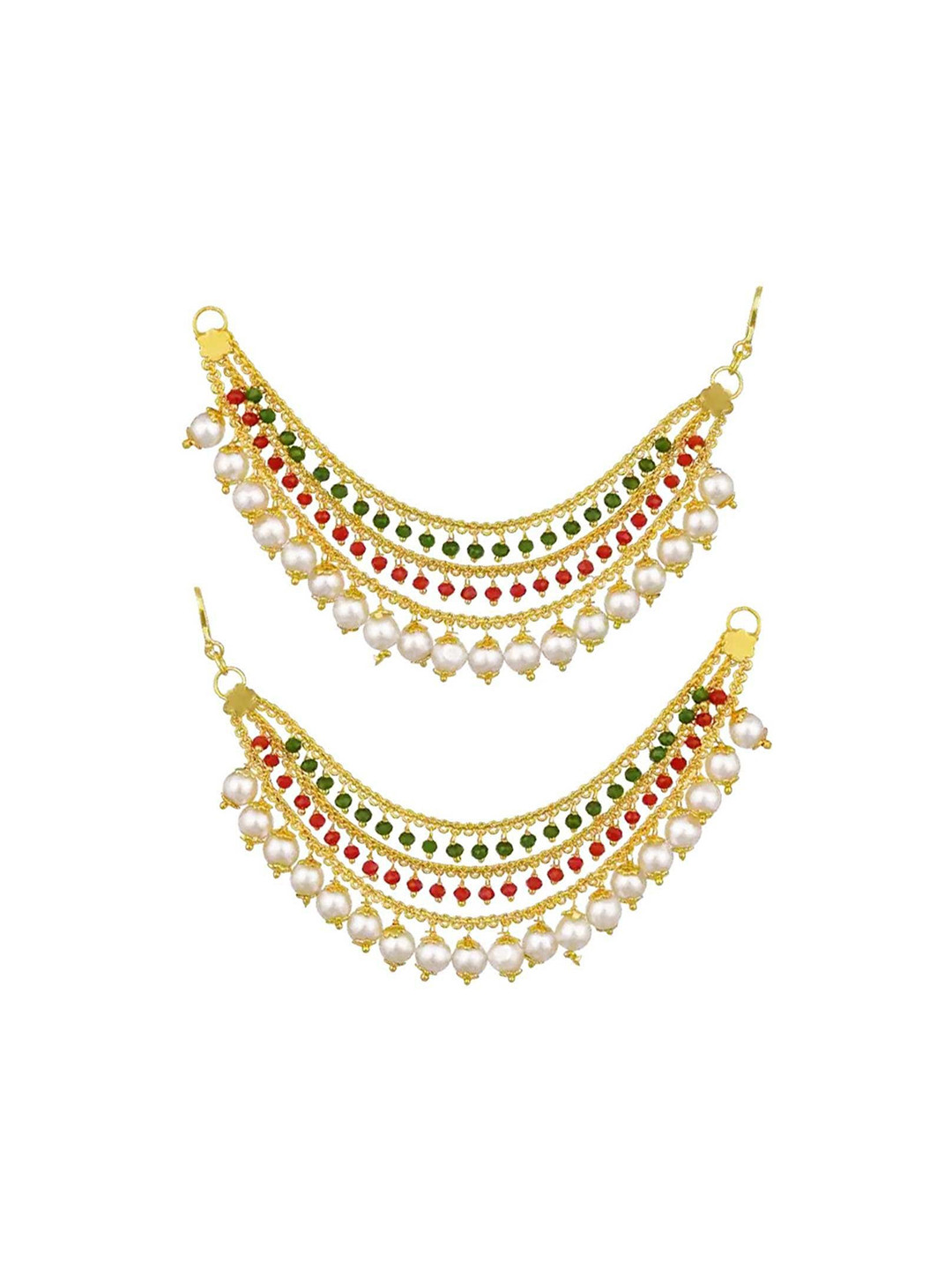 PINAAKA DARINI Gold-Plated Circular Layered Pearls Temple Chain Earrings