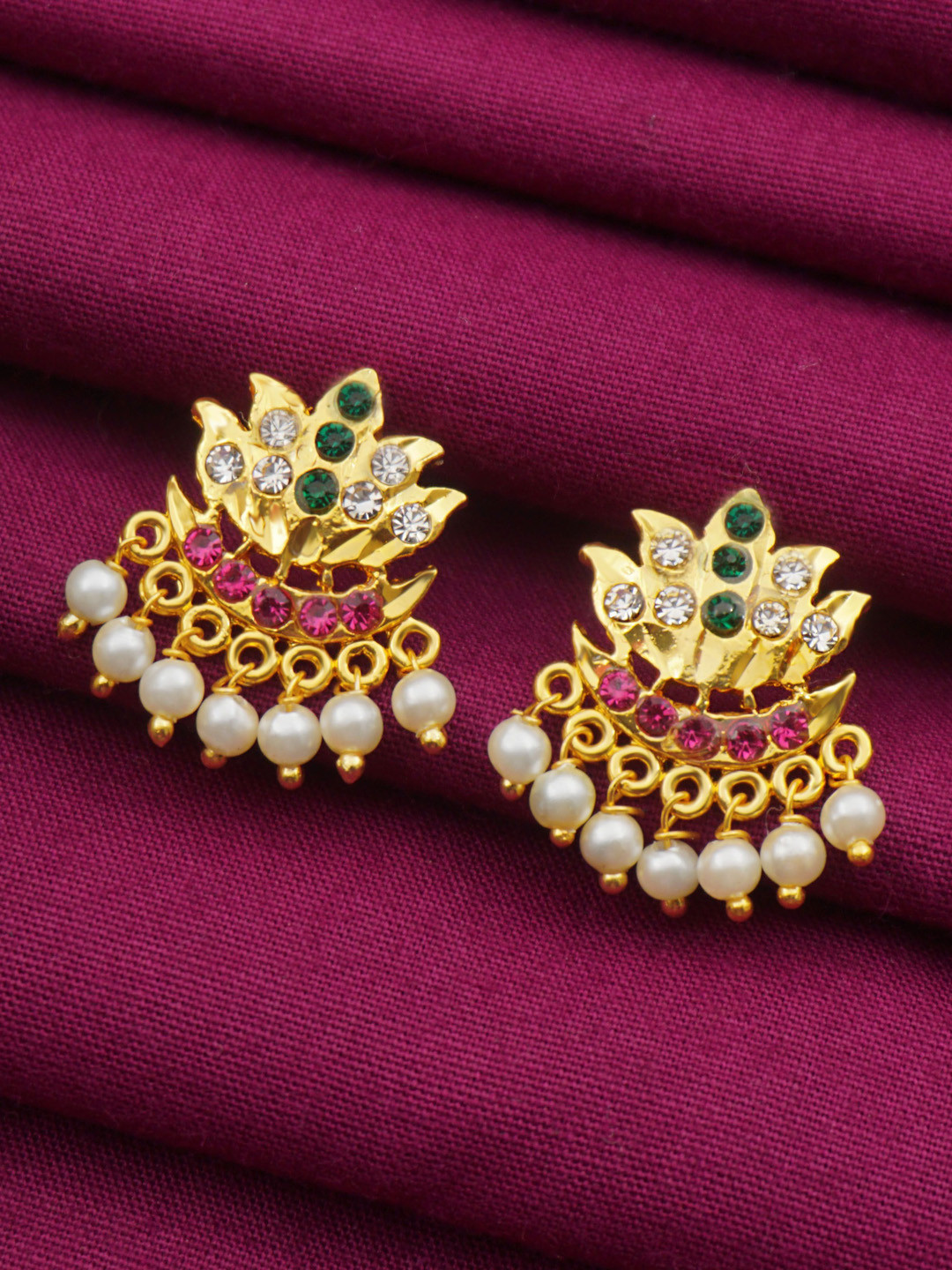 PINAAKA DARINI Gold-Plated One Gram Floral Stone Studded & Beaded Studs