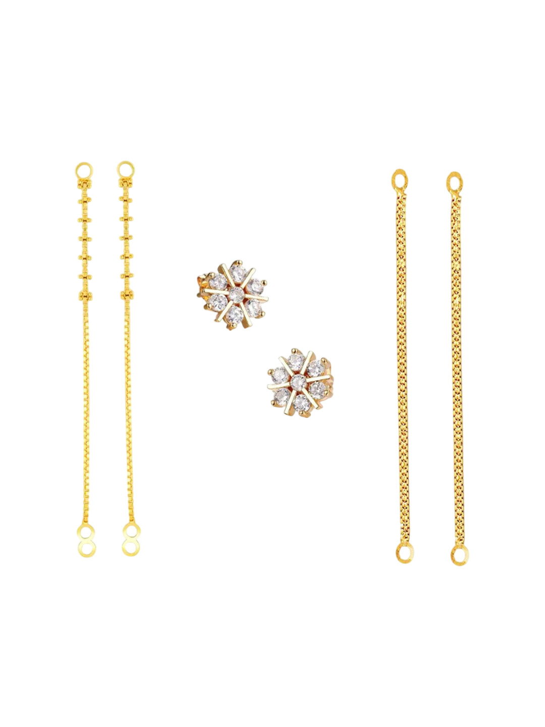 PINAAKA DARINI Set Of 3 1Gram Gold-Plated Stone Studded Studs Earrings With Hair Chains