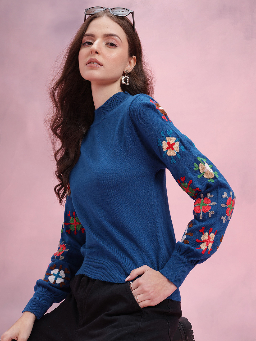 DressBerry Solid Pullover with Embroidered Puff Sleeve